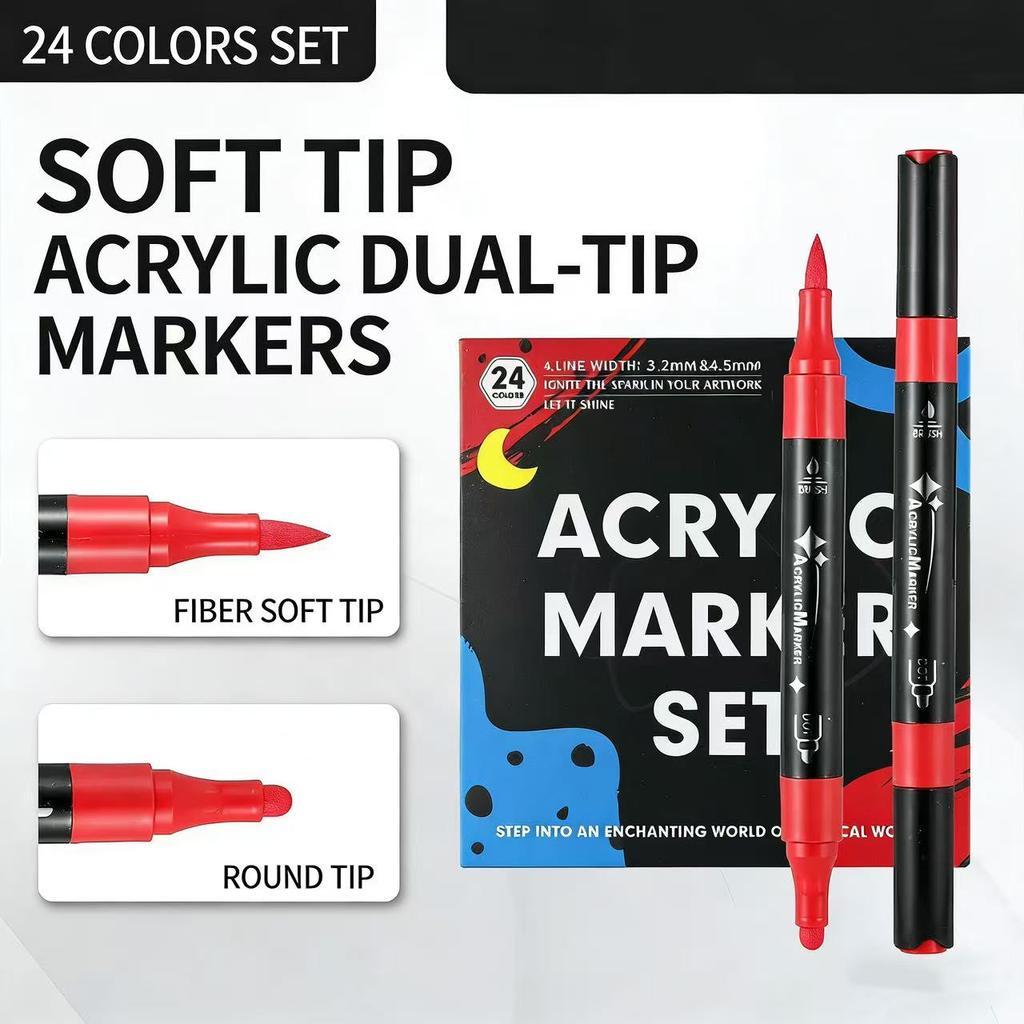 24 Colors Dual Tip Acrylic Paint Markers Set Brush & Dot Tips Waterproof No Bleed Paint Pens for Rock Canvas DIY Art Craft