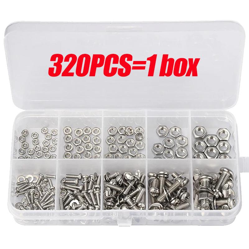 

Stainless Steel Bolts And Nuts Assortment Kit Cross Round Cap Metal Screw Bolts Flat Washers Set Multi-size Hardware Accessories