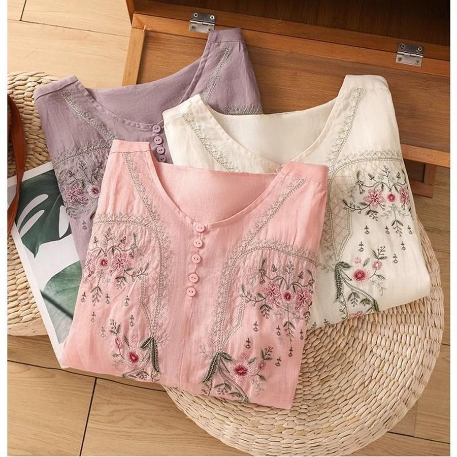 Summer New Cotton Linen Short Sleeve Embroidered Chinese Style Women's Loose Fit T-Shirt