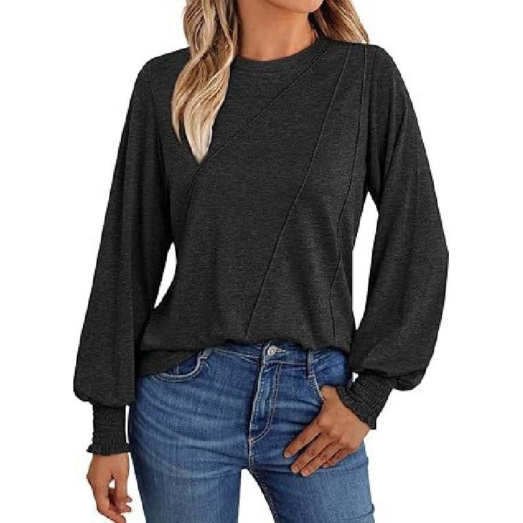 

Популярная женская рубашка с длинным рукавом 2026 года с круглым вырезом и складками, осенний топ, модная женская одежда S чёрный