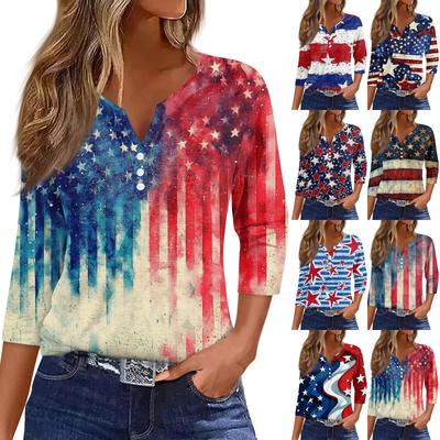 Women's T Shirt Tee Print Button 3/4 SleeveDaily Weekend Fashion Basic V- Neck Regular Top