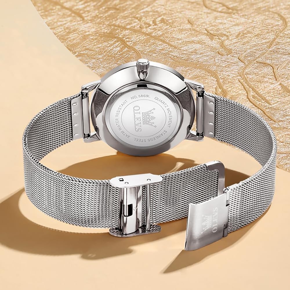 OLEVS Women's Minimalist Casual Watch Leather Band Waterproof Analog Quartz with Date Calendar Silver Mesh Strap