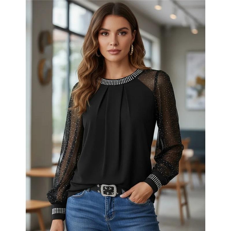 Damska koszulka z okrągłym dekoltem i siateczkowymi rękawami w dużym rozmiarze