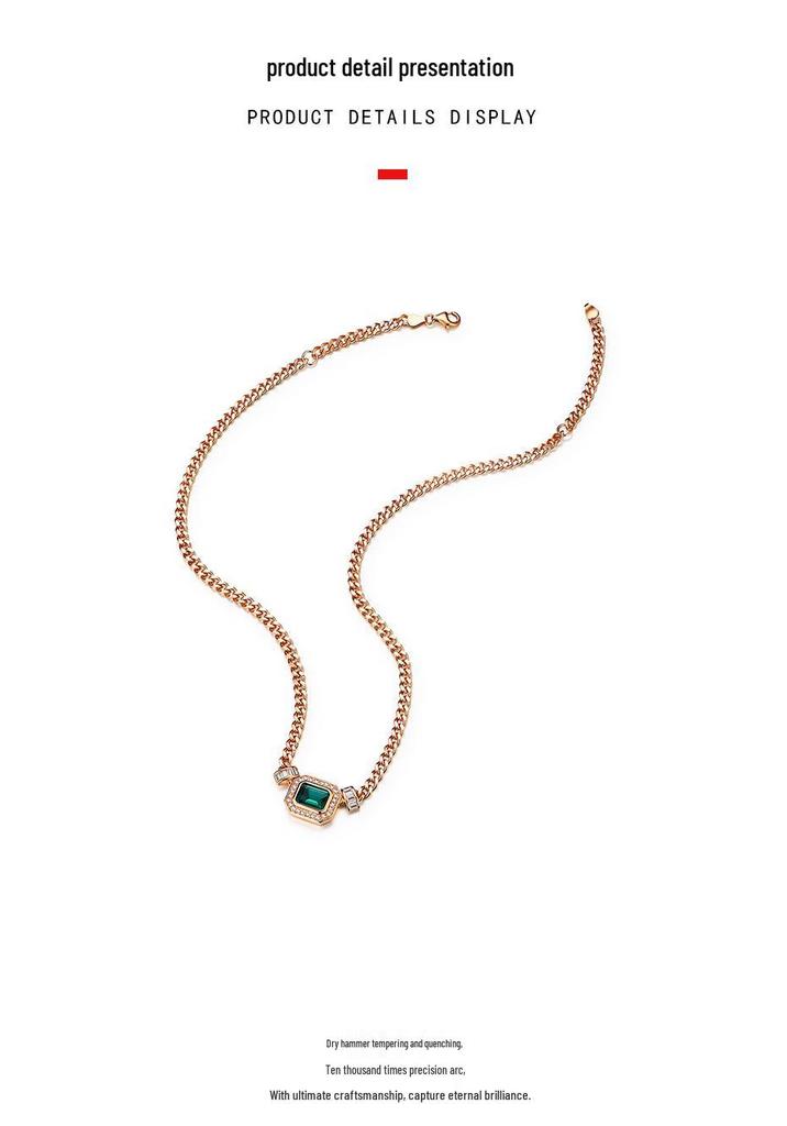 S925 Sterling Silver Square Pendant Necklace with Princess Cut Green Emerald and Champagne Gold, 50cm Retro Style