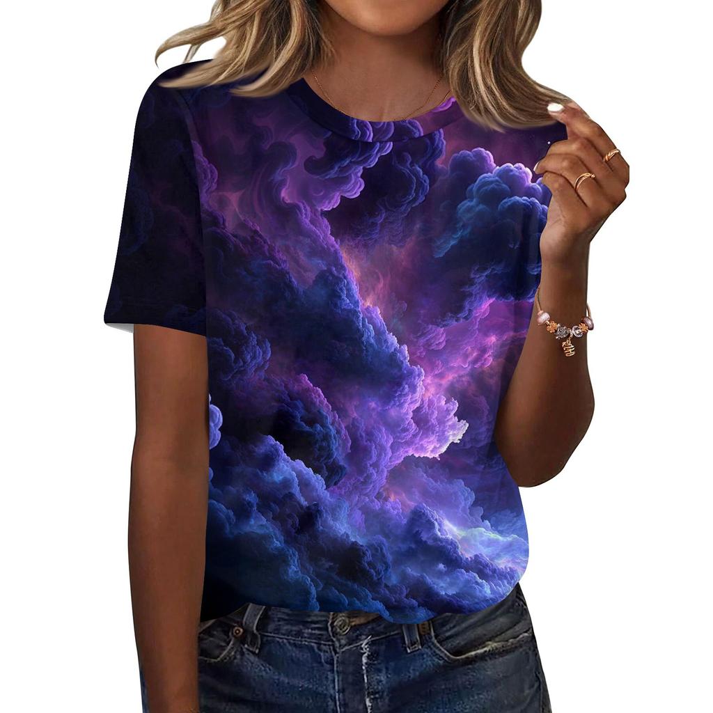 Dámské módní ležérní tričko s krátkým rukávem a potiskem, s kulatým výstřihem