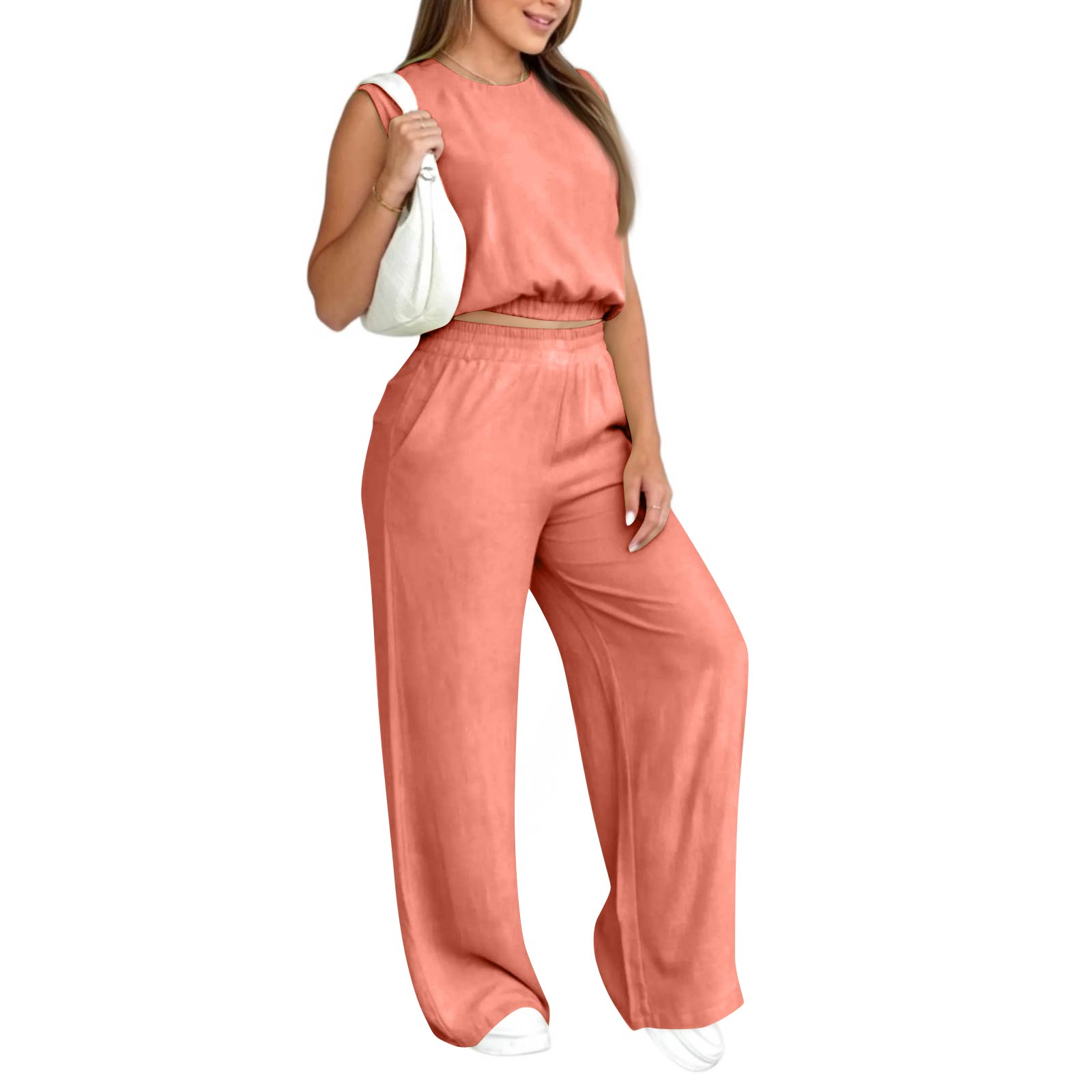 

Women s 2-Piece Fashionable Casual Loose Fit Sleeveless T Shirt Top And Pants Set XL кавун червоний колір