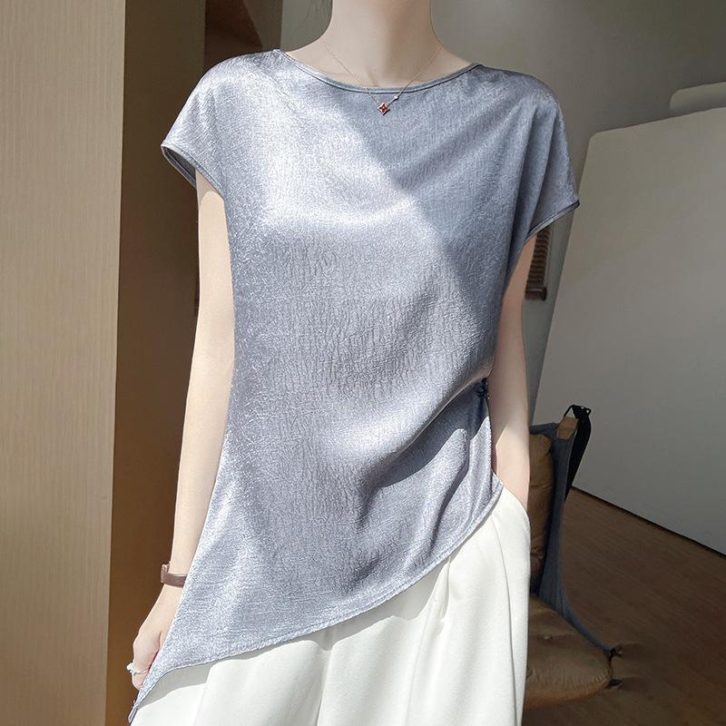 Summer New Silk Satin Texture Short-sleeved T-shirt Women's Top Loose Round Neck Solid Color Versatile Imitation Silk Shirt