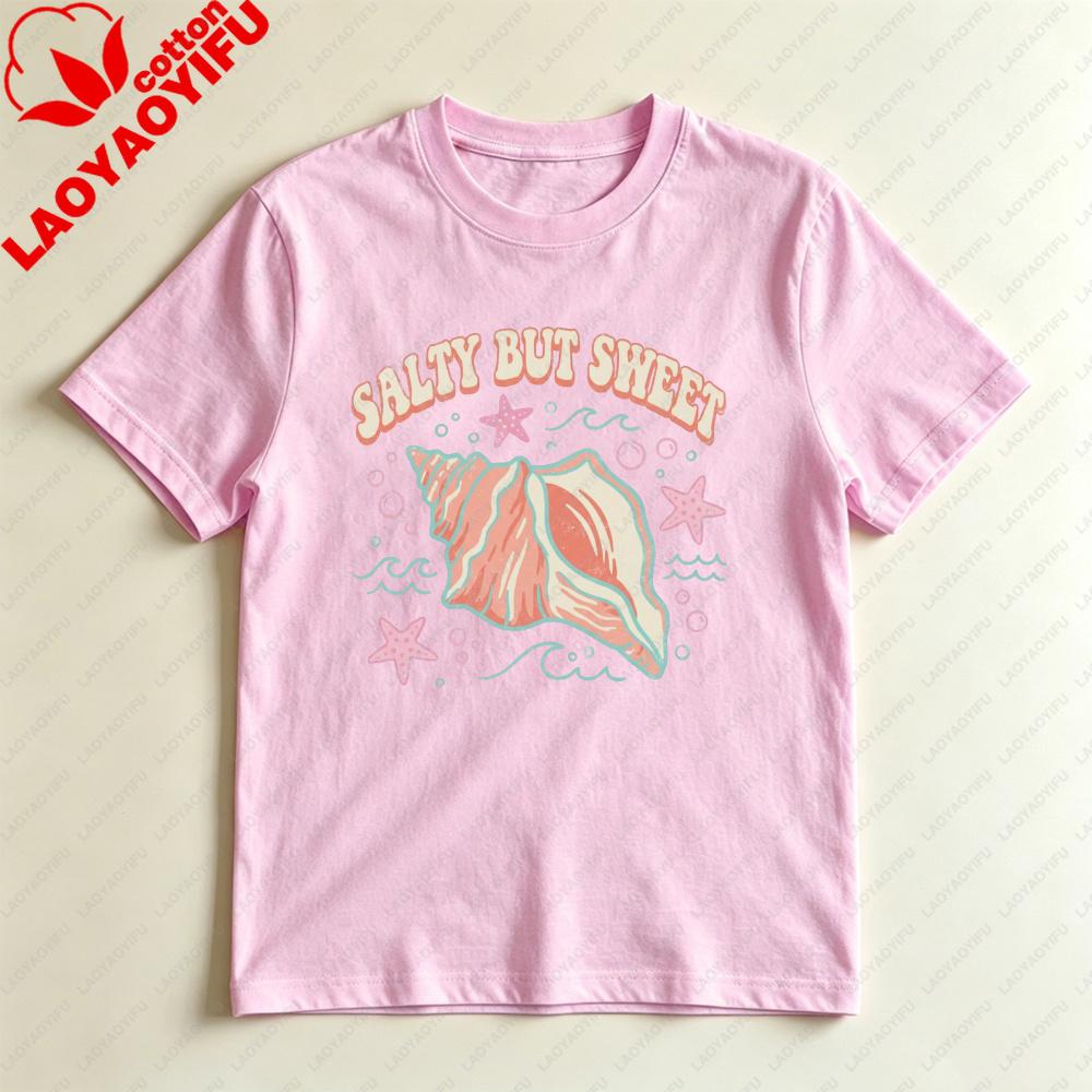 Salty But Sweet Conch Seashell Starfish Wave Graphic TShirt Coastal Beach Casual Tee Unisex Summer Fashion Cotton Shirt S