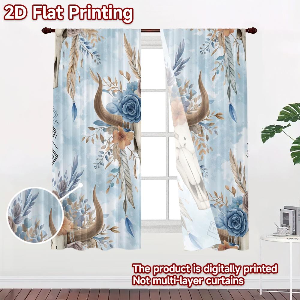 2D FLAT PRINTING 2pcs Curtains (Without Rod) Floral Bull Skull Design Popular Fashionable Curtains Versatile Durable Polyester