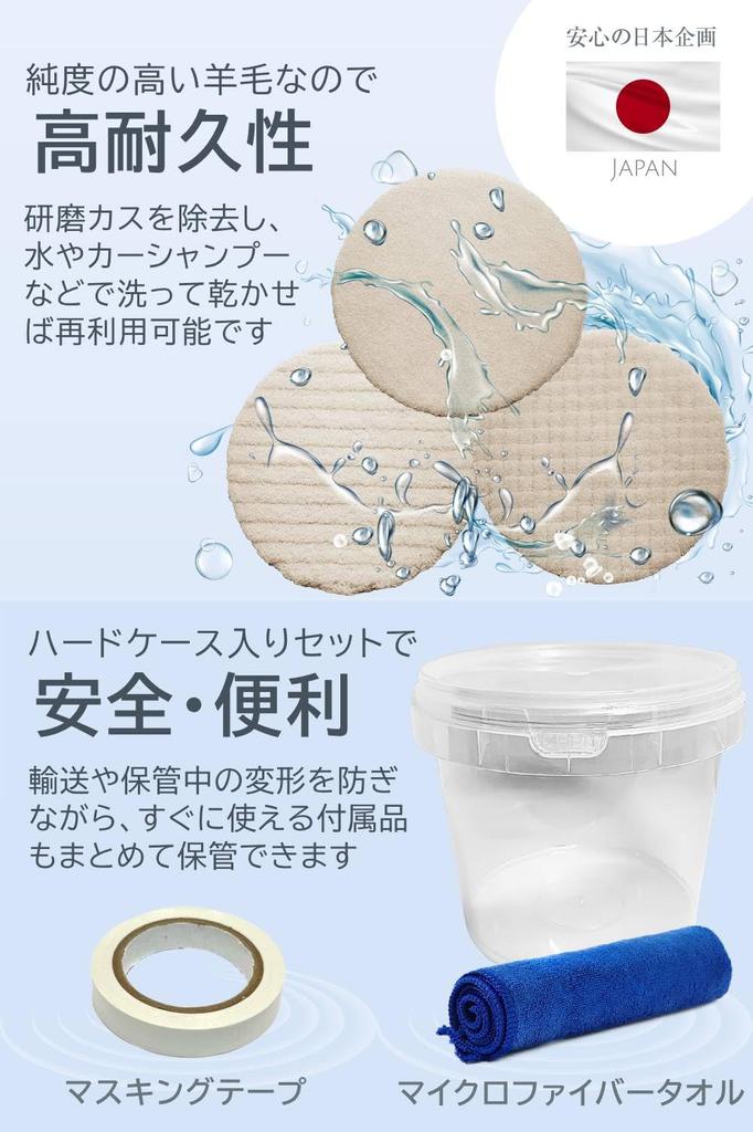 BASE Polierer und Puffer für Automobil-Finishing und Fein 6 Hart- und Abdeckband KōGU Set, 125mm, Wolle, Polieren, Grob, Mittel, Körnungen, Polierscheiben, Koffer,