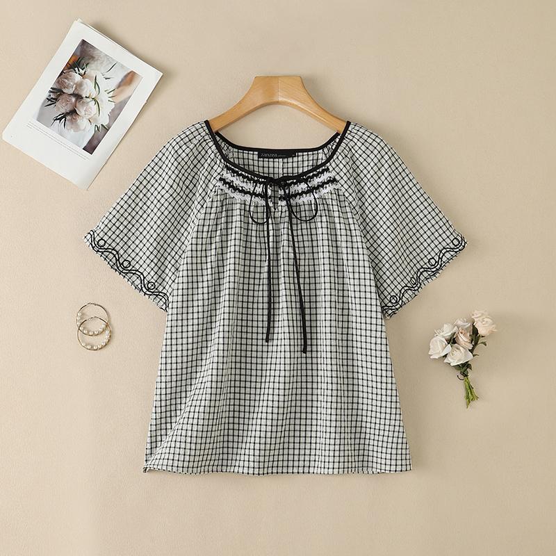 ZANZEA Women Plaid Print Summer Casual Round Neck Short Sleeve Blouse