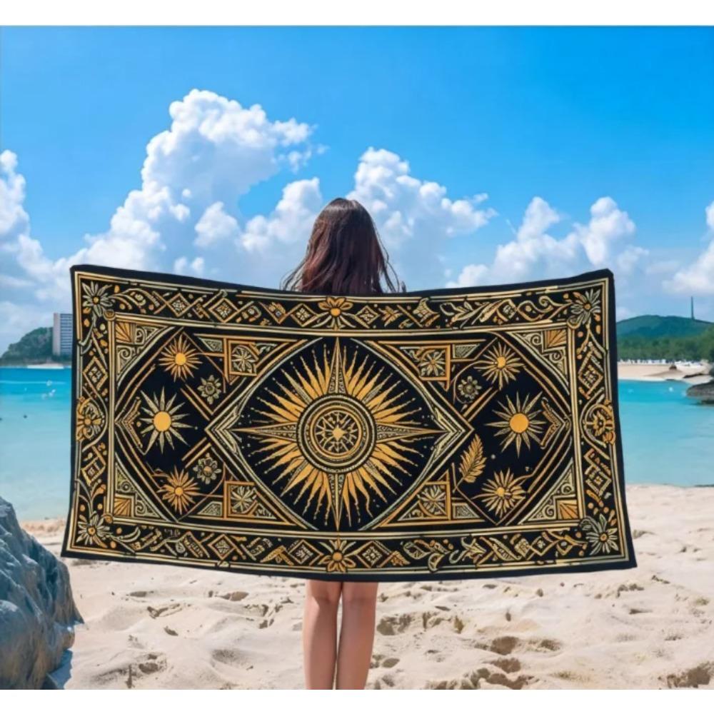 Boho Himmlisches Sonne & Mond Strandtuch, Schnelltrocknende Weiche Baumwolle, Schwarz Gold Tarot-inspiriertes Muster für den Sommer Pool Gebrauch Badetuch