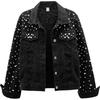 Women Denim Coat Jacket Diamonds Pearls Turn Down Collar Single Breasted Pockets Washed Vintage Streetwear Autumn Outerwear