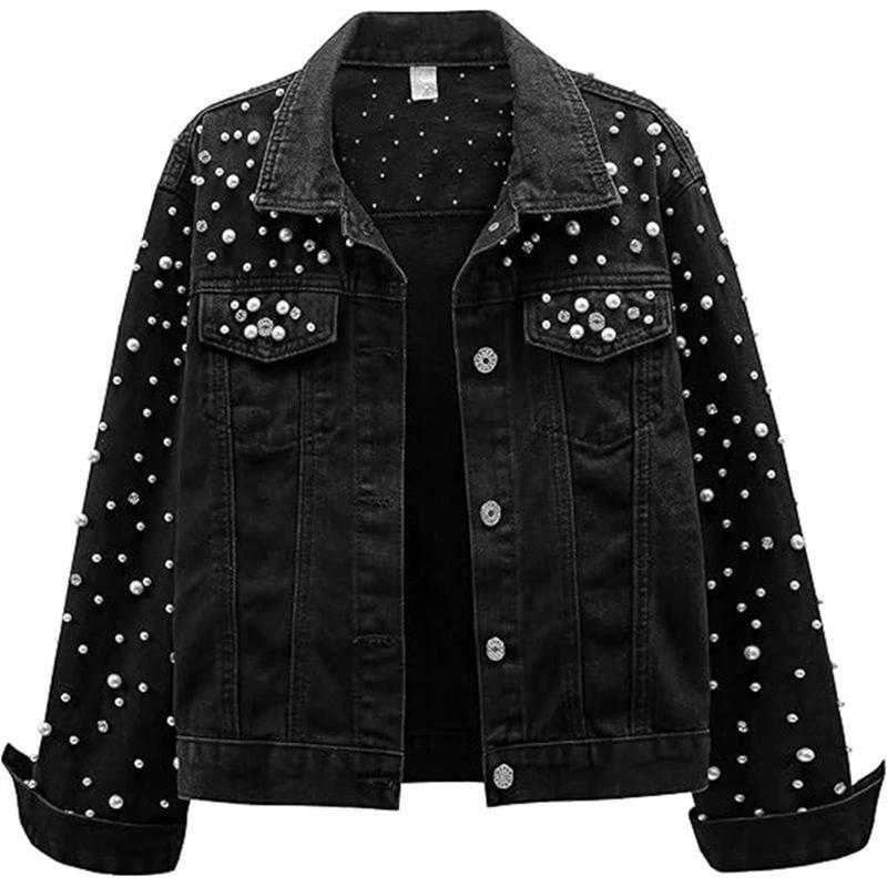 Women Denim Coat Jacket Diamonds Pearls Turn Down Collar Single Breasted Pockets Washed Vintage Streetwear Autumn Outerwear