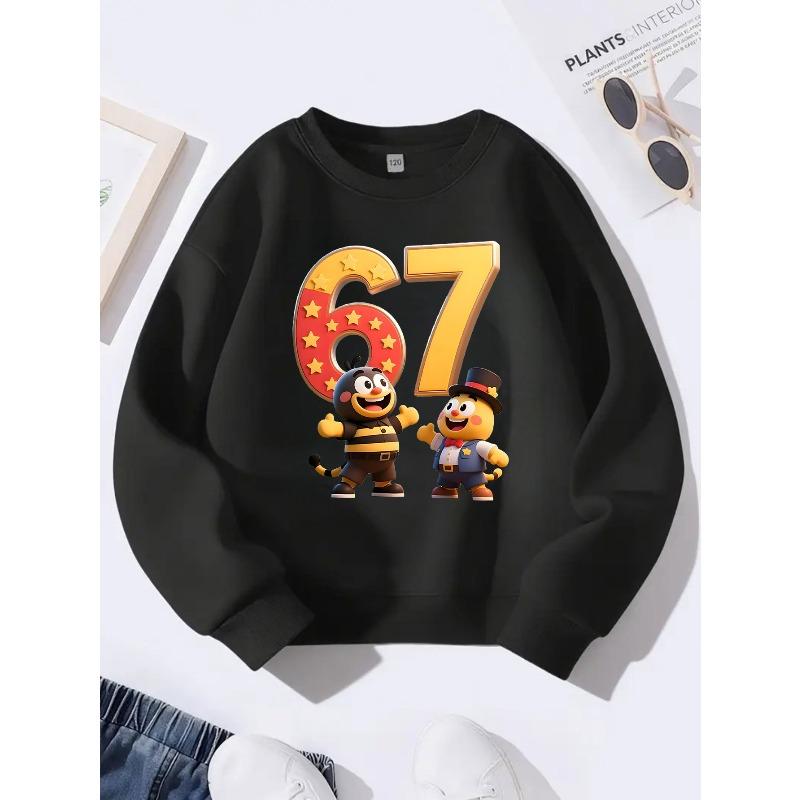 Birthday Gift For Kids 4-12 Unisex 3D Cartoon Tiger Star Number 67 Graphic Long Sleeve Soft Fleece Pullover For Boys Girls Over 4 Years Old Children