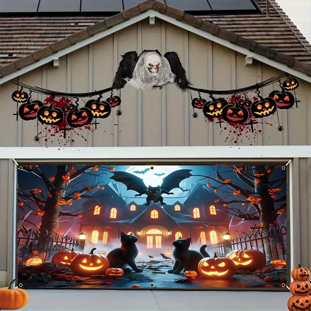One 2D flat Halloween ghost garage polyester banner pumpkin lantern and haunted house design suitable for Halloween decoration