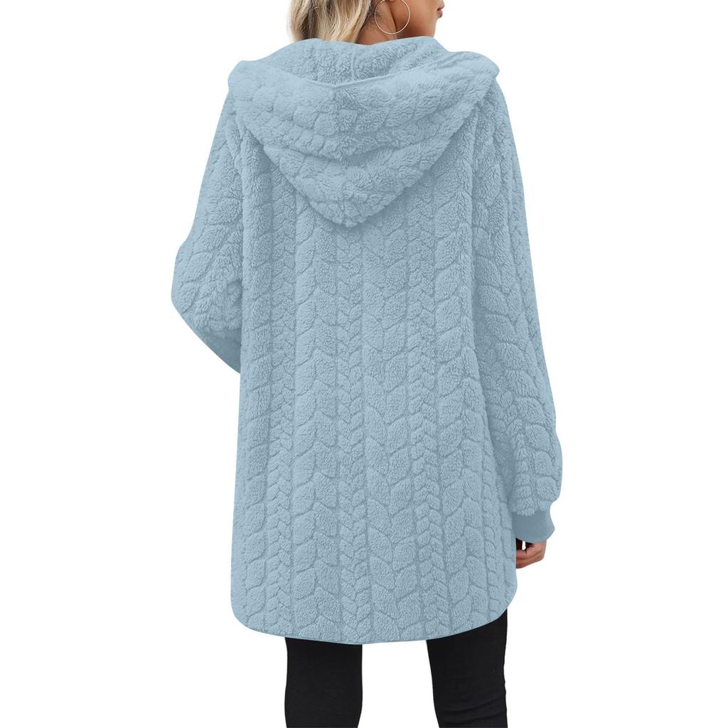 Women's Fashionable Coat Solid Color Long Sleeved Pocket Loose Hooded Plush  Jacket