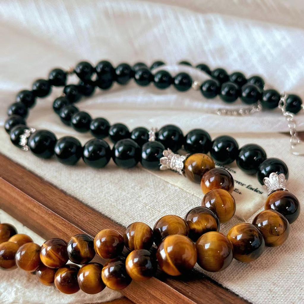 Vintage Maillard Style Natural Tiger'S Eye Stone Black Agate Contrasting Color Atmosphere Necklace Collarbone Chain
