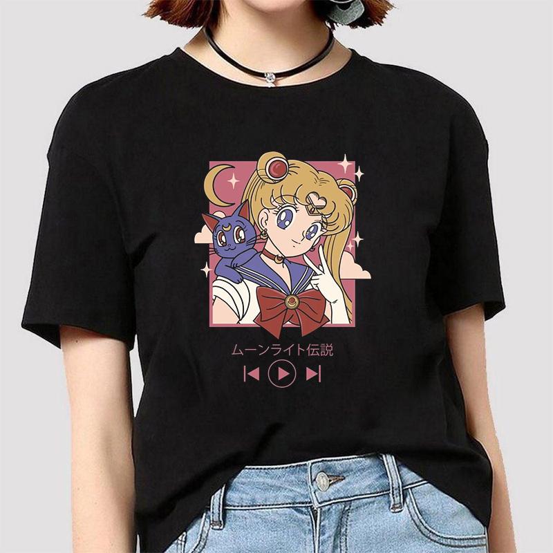 

Anime Sailor Moon 18 Different Patterns Summer Printed Casual Black Short Sleeves Cotton Tops O Neck Women T Shirts S разноцветный