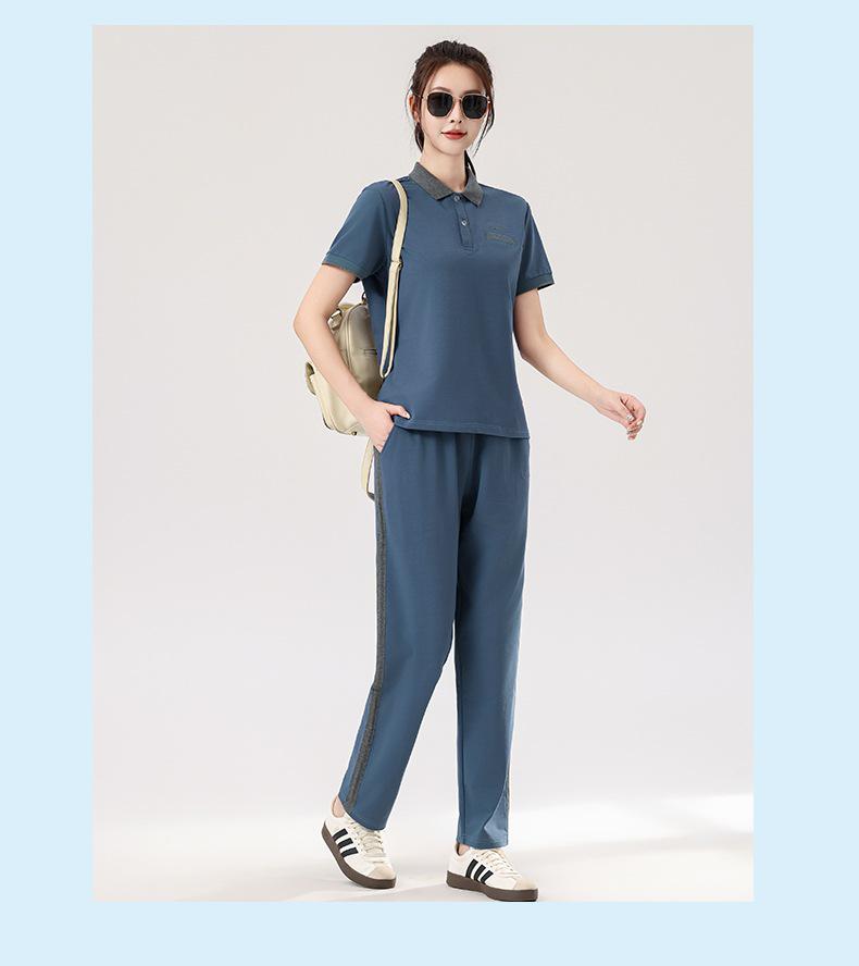 Women's Summer Sportswear Set: Lapel Short Sleeve Top & Loose Long Pants, Plus Size, Casual Two-Piece Running Suit