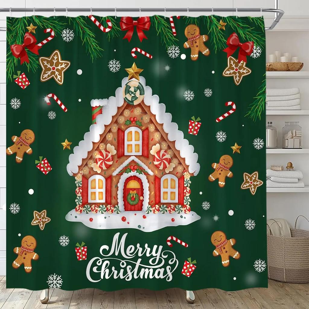 Gingerbread House Shower Curtain Christmas Candy Cane Snowflake Pine Leaves Snowy Winter Fabric for Bathroom Decor Bathtub Wit