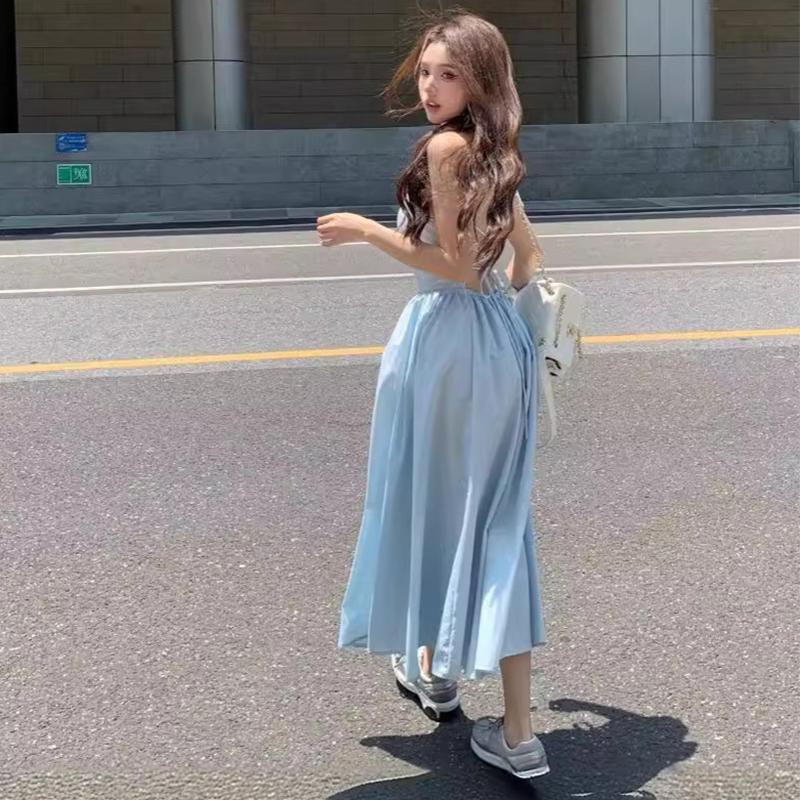 Beach Resort Camisole Dress for Women In Summer, Shoulder Length, Waist Up, Backless Skirt with Straps, A-line Skirt