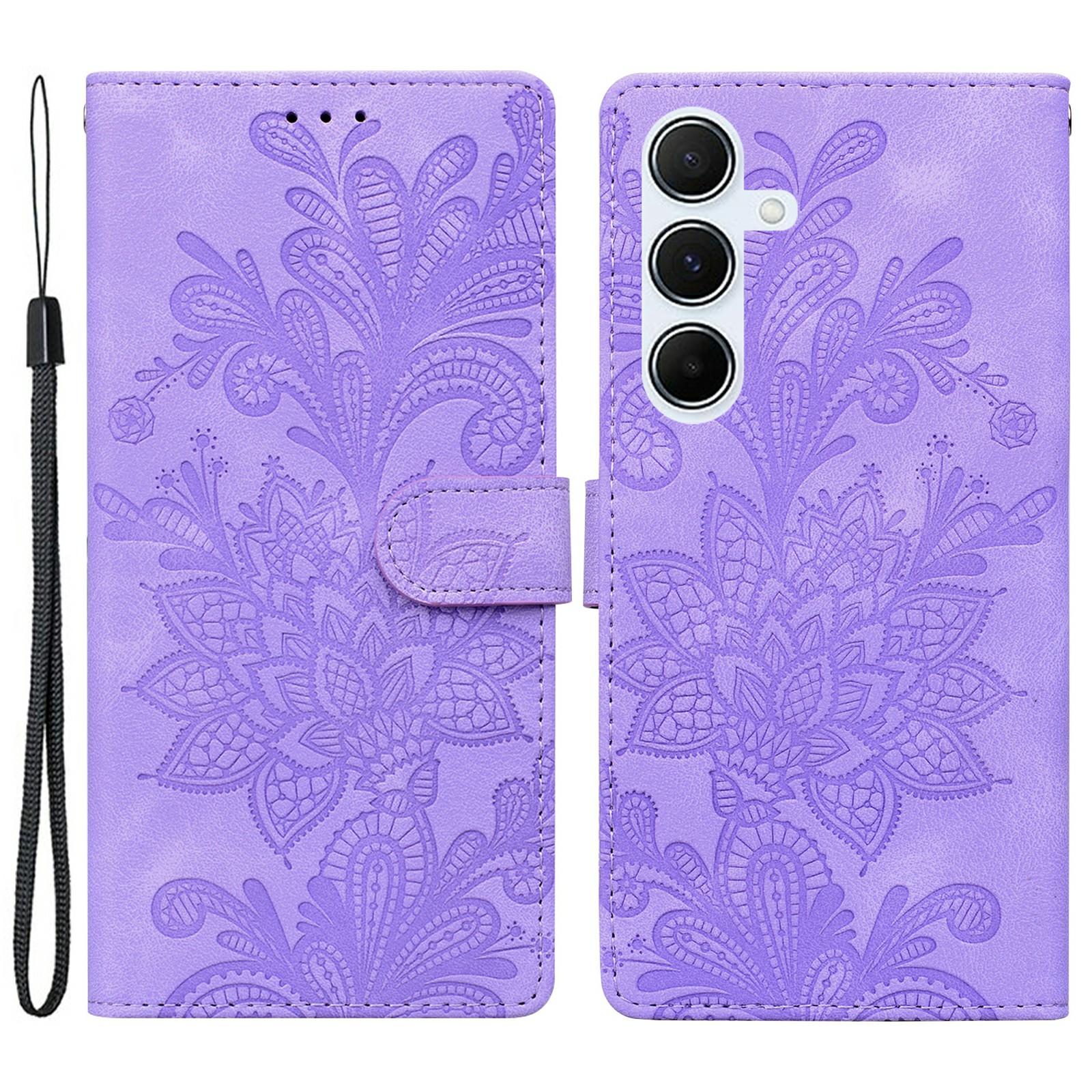 

For Samsung Galaxy A26 5G Case Imprinted Lace Flowers PU Leather Wallet Phone Cover Purple