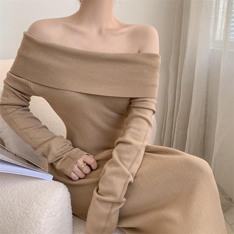 Koreanisches Strickkleid mit Carmen-Ausschnitt für Damen, Herbst, neu, Patchwork, langärmelig, Mode, einfarbig, Party-Langkleid, Winter
