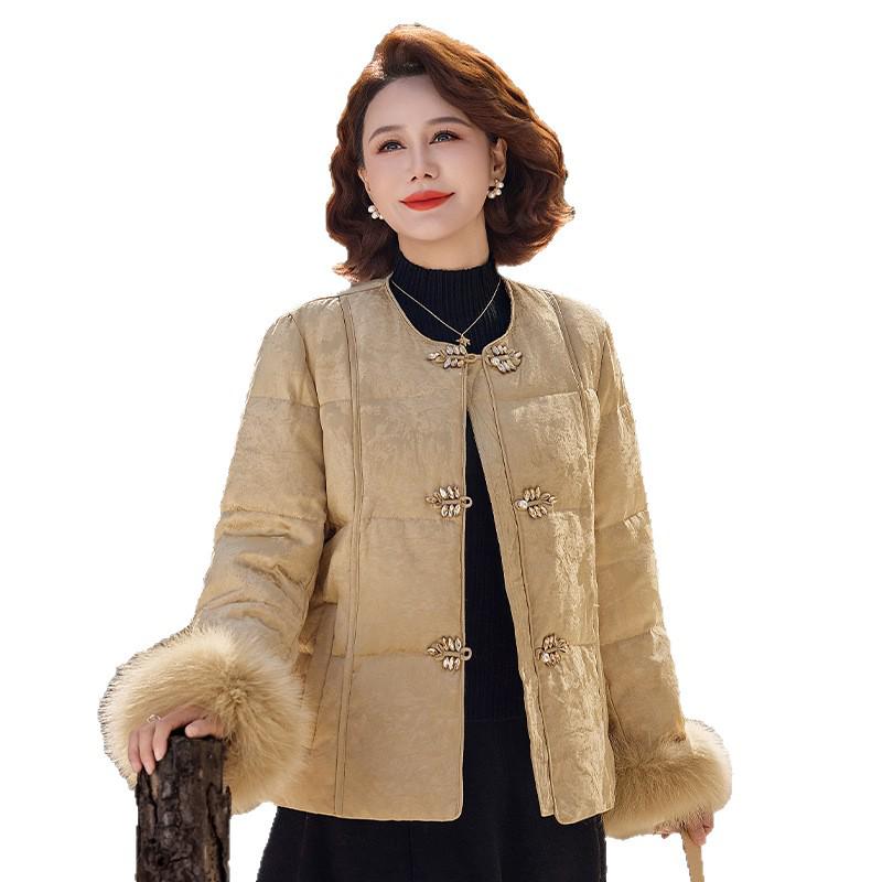 Women's Winter 2025 Jacquard Fox Fur Down Jacket - Short, Round Neck, White Duck Down, New Chinese Style Mother's Coat