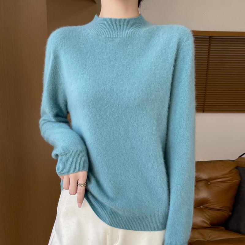 Women's Soft Pure Wool Sweater - Half-High Neck, Slimming, Fashionable, Skin-Friendly Knit