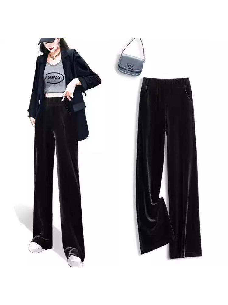 Pantaloni Larghi a Vita Alta Elasticizzata in Velluto Dorato da Donna - Taglie Forti Casual per Primavera/Autunno