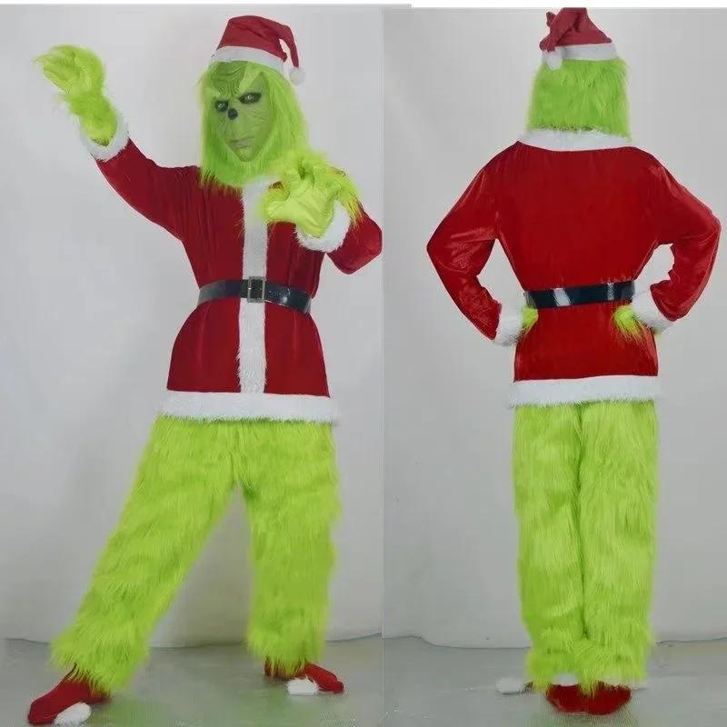 New Christmas Costume Cosplay Clothes Dress Up Santa Claus Weird Green Haired Monster Grinch Party Performance Costume
