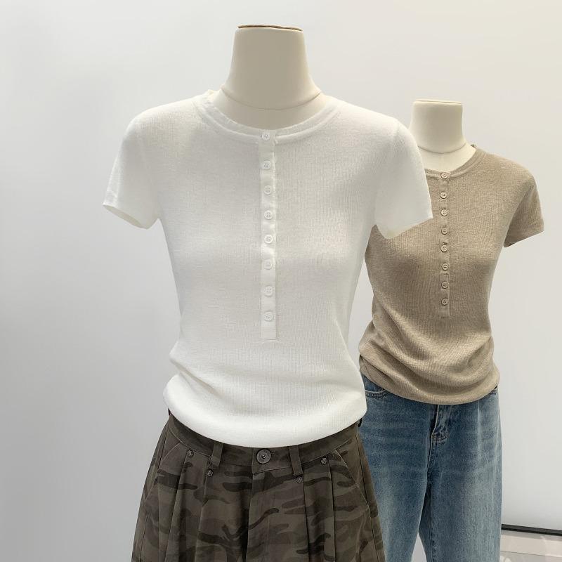 Women s Oatmeal Ribbed Henley Neck Short Sleeve T-Shirt S белый