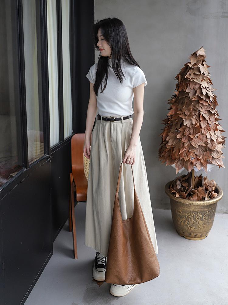 Versatile Washed Cotton Midi Skirt - High Waist, Solid Color, Double Pockets, Slimming A-line for Women, Early Autumn.