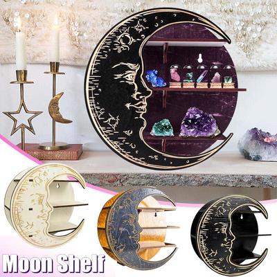 Antique Wall-Mounted Crystal Display Moon Shelf Crystal Display Stand, Wall Decoration Wooden Stand Essential Oil Shelf Bedroom