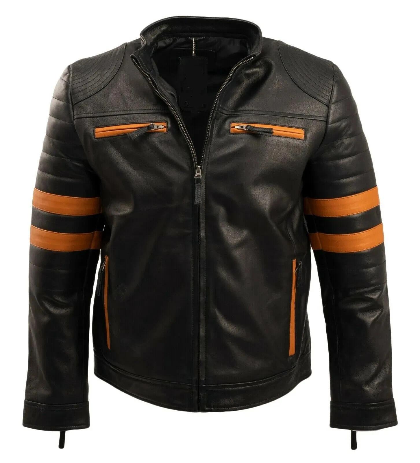 

Handmade Moto Stylish Men Original Lambskin Leather Black Biker Jacket Orange Striped 3XL