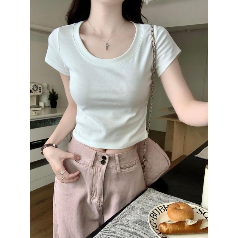 Camiseta de algodón puro de color liso con cuello en U y hombros descubiertos para mujer, nueva camiseta de verano, corta y ajustada.