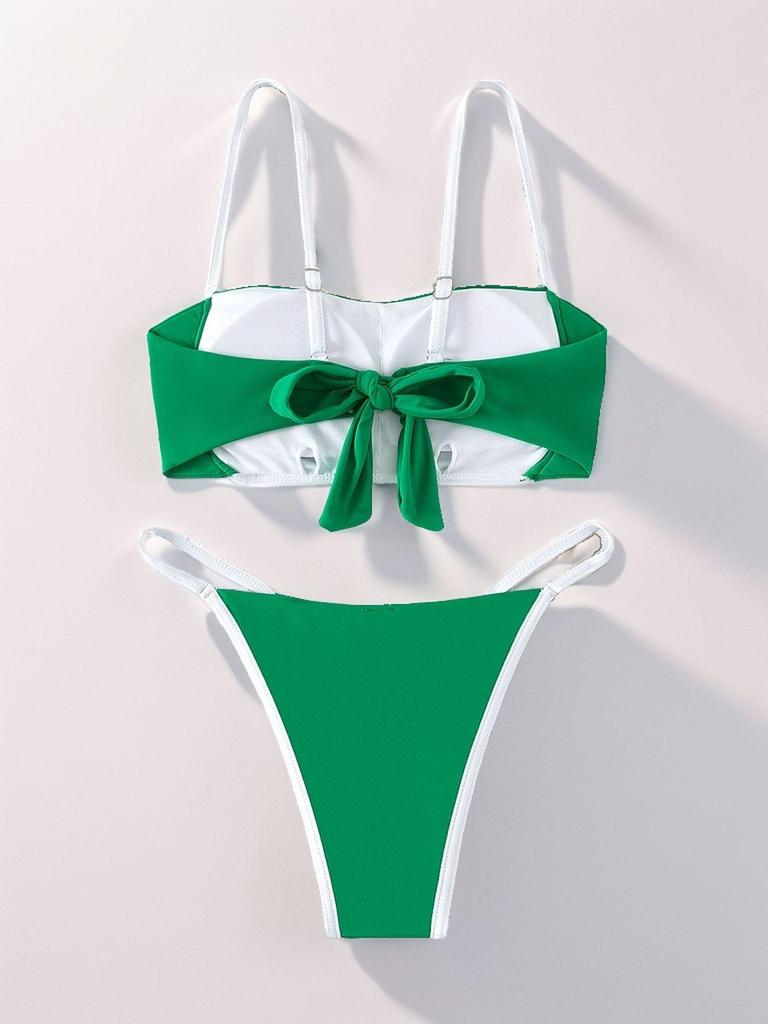 2024 Europäischer & Amerikanischer Farbblock Schnür-Bikini mit niedriger Taille