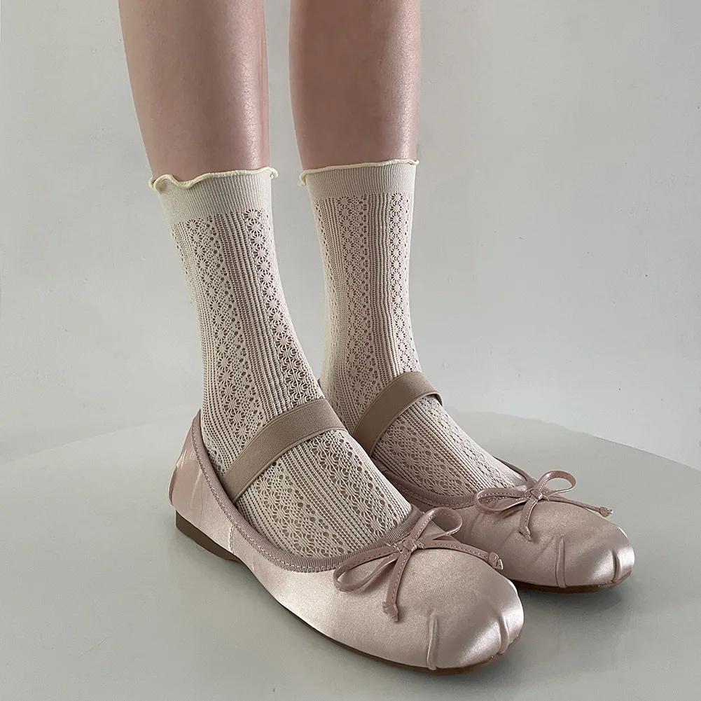 

Летние носки, женские дышащие длинные носки с тонкой сеткой, однотонные однотонные носки в японском стиле в стиле Лолиты для девочек Kawaii, милые носки с рюшами