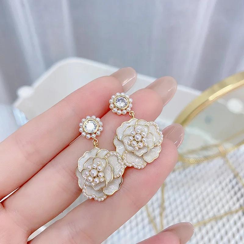 1 Pair New Floral Earrings Luxury Pearl Camellia Women's Earrings Fashion Jewelry Party Wedding Accessories Gifts
