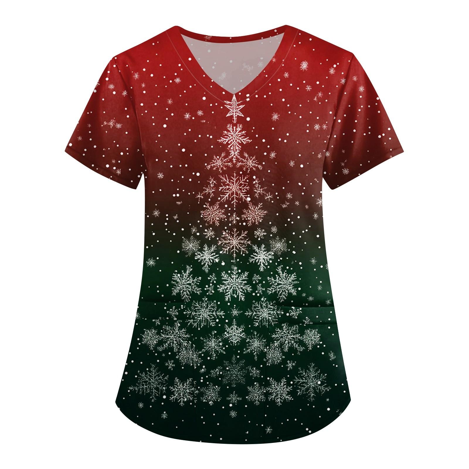 

Жіночий милий робочий одяг з принтами, V-подібним вирізом, двошарові кишені, базовий пуловер з короткими рукавами, Різдво M