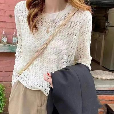Women Hollow Out Knit Sweater Round Neck Long Sleeve Casual Loose Fit Lightweight Top