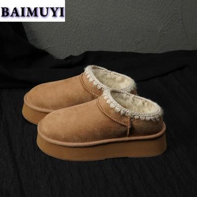 Flats Fur Slippers Women Platform Ankle Snow Boots Brand Designer Cotton Shoes Woman Mules 2025 Winter Suede Warm Plush Slides