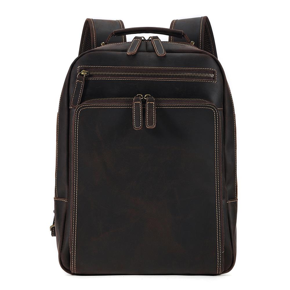 Men's Top Layer Cowhide Backpack with Large Capacity 15.6-inch Crazy Horse Leather Computer Bag and Multifunctional Backpack