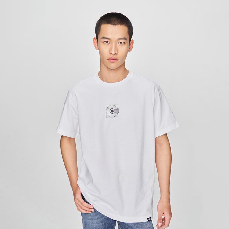 Comfortable Round Neck Record Pattern Printed Short Sleeve Casual T-Shirt Men Tops White LMT0098444LE00FK14000
