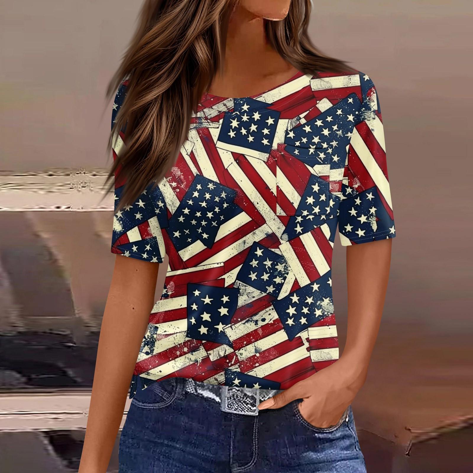 

Women s Round Neck Pocket Independence Day Print Short Sleeve T-Shirt Top L