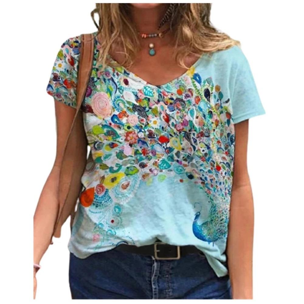Casual Summer T-shirt 2025 New Women's 3d Floral Print T-shirt Ladies Street Wear Short-sleeved V-neck Top