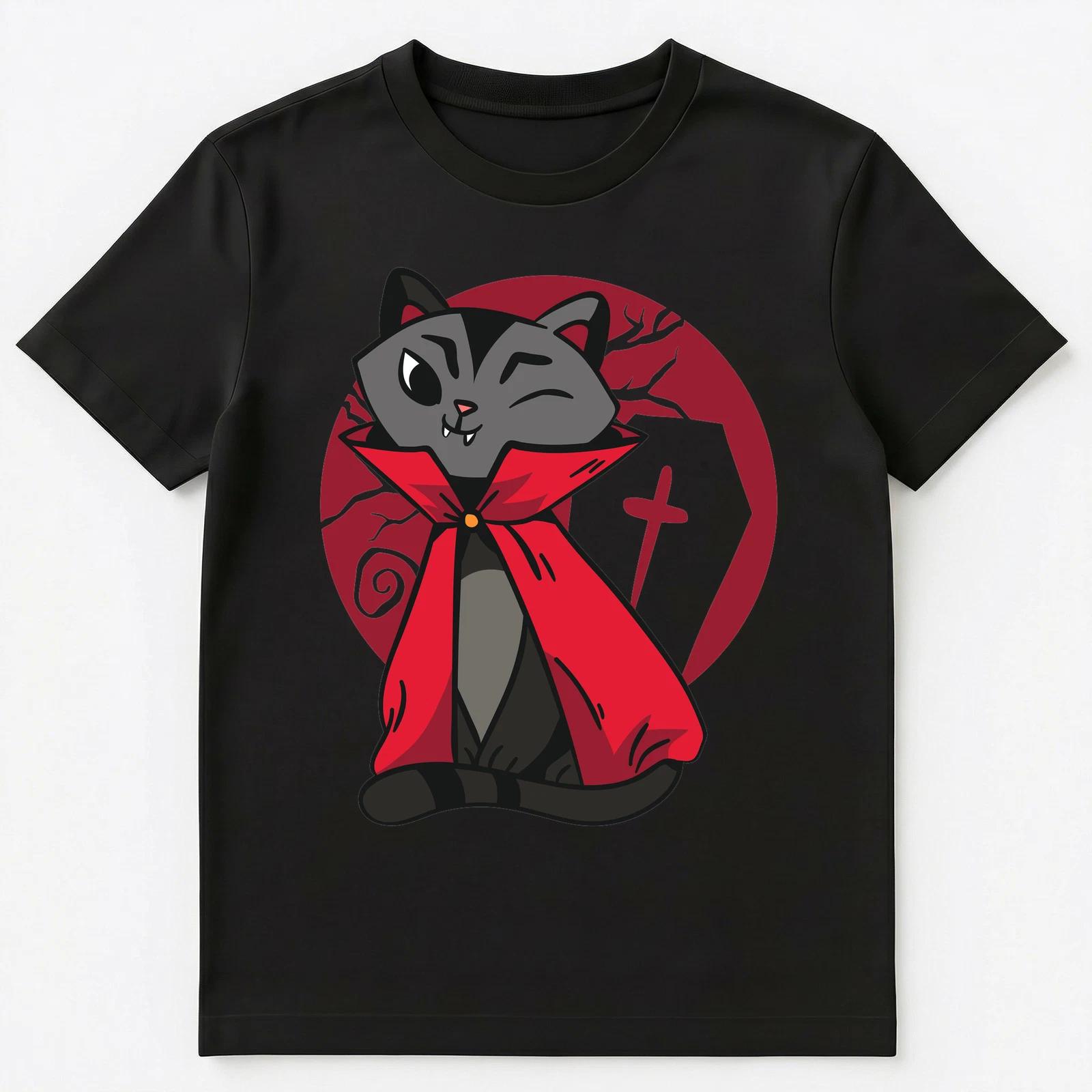 Cute Vampire Cat With Wink Halloween Graphic Unisex T-Shirt M