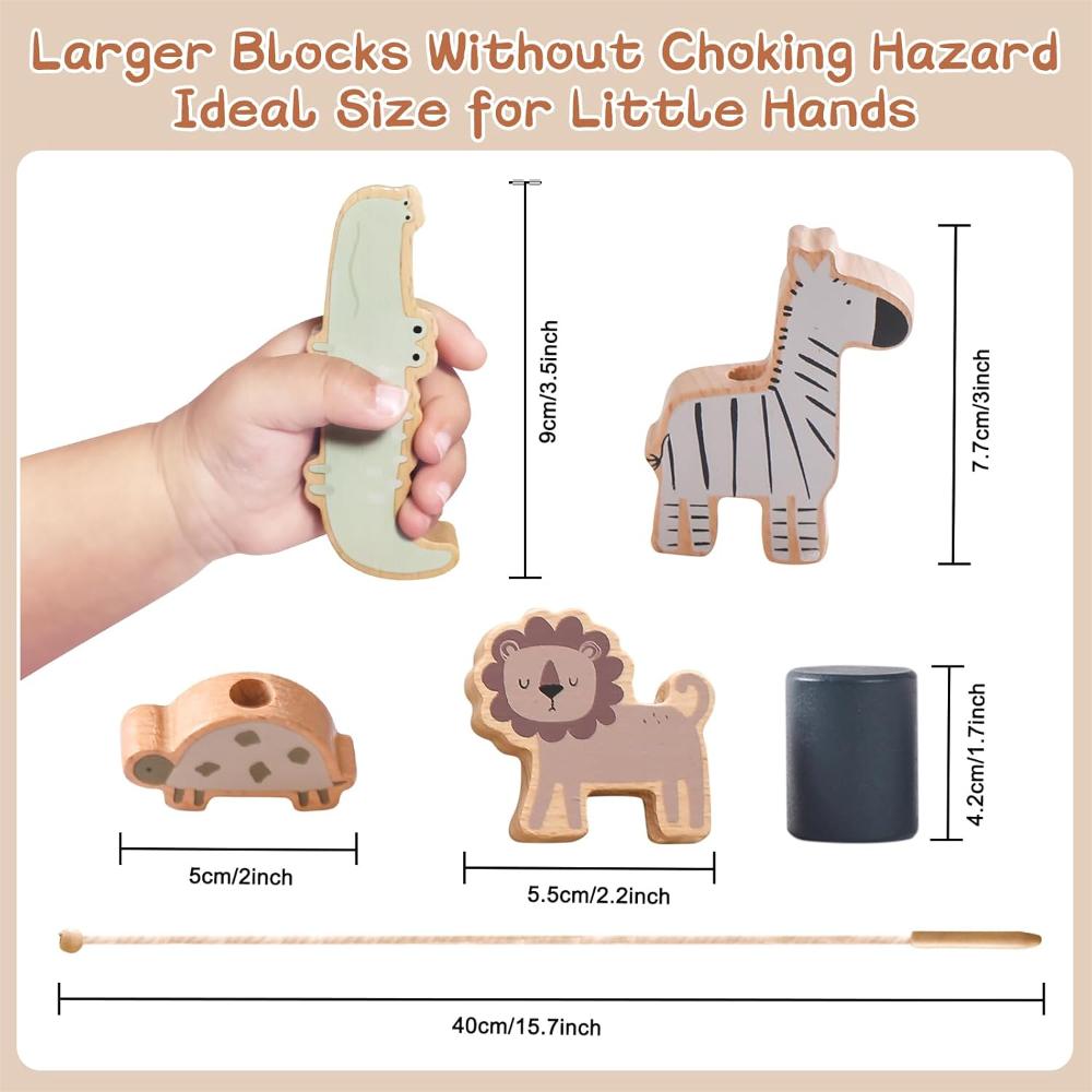 Wooden Animals Threading Toy, Lacing Beads for Toddlers Stacking Blocks Balance Toy, Montessori Educational Toy for Boys & Girls