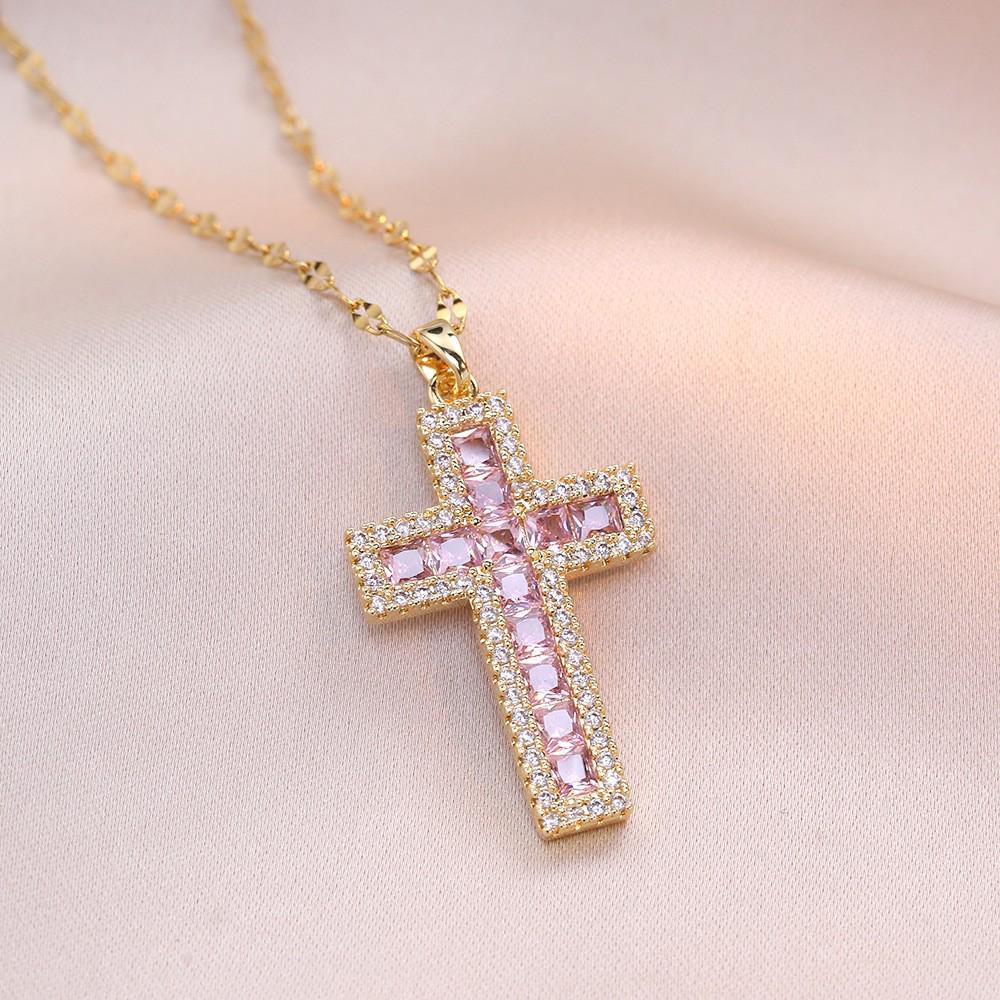 Damen Bunte Zirkon Kreuz Halskette - Nischendesign mit Voll-Diamant-Anhänger an Edelstahlkette